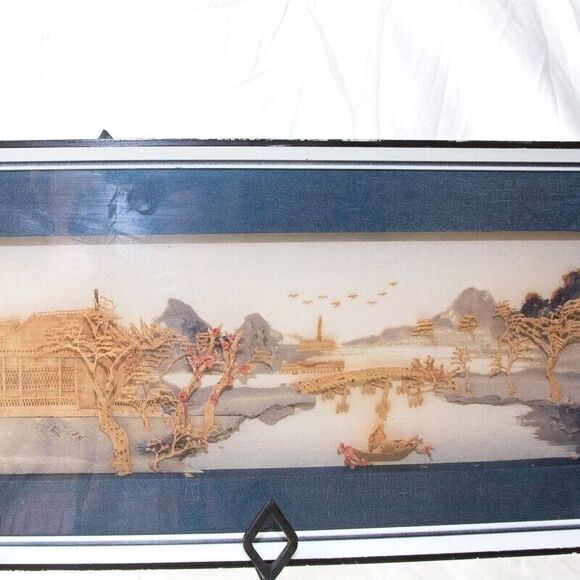 Rare Vgt Oversize Chinese Cork Carving Art Wall Hanging in Shadow Box Frame 25" - Picture 6 of 10